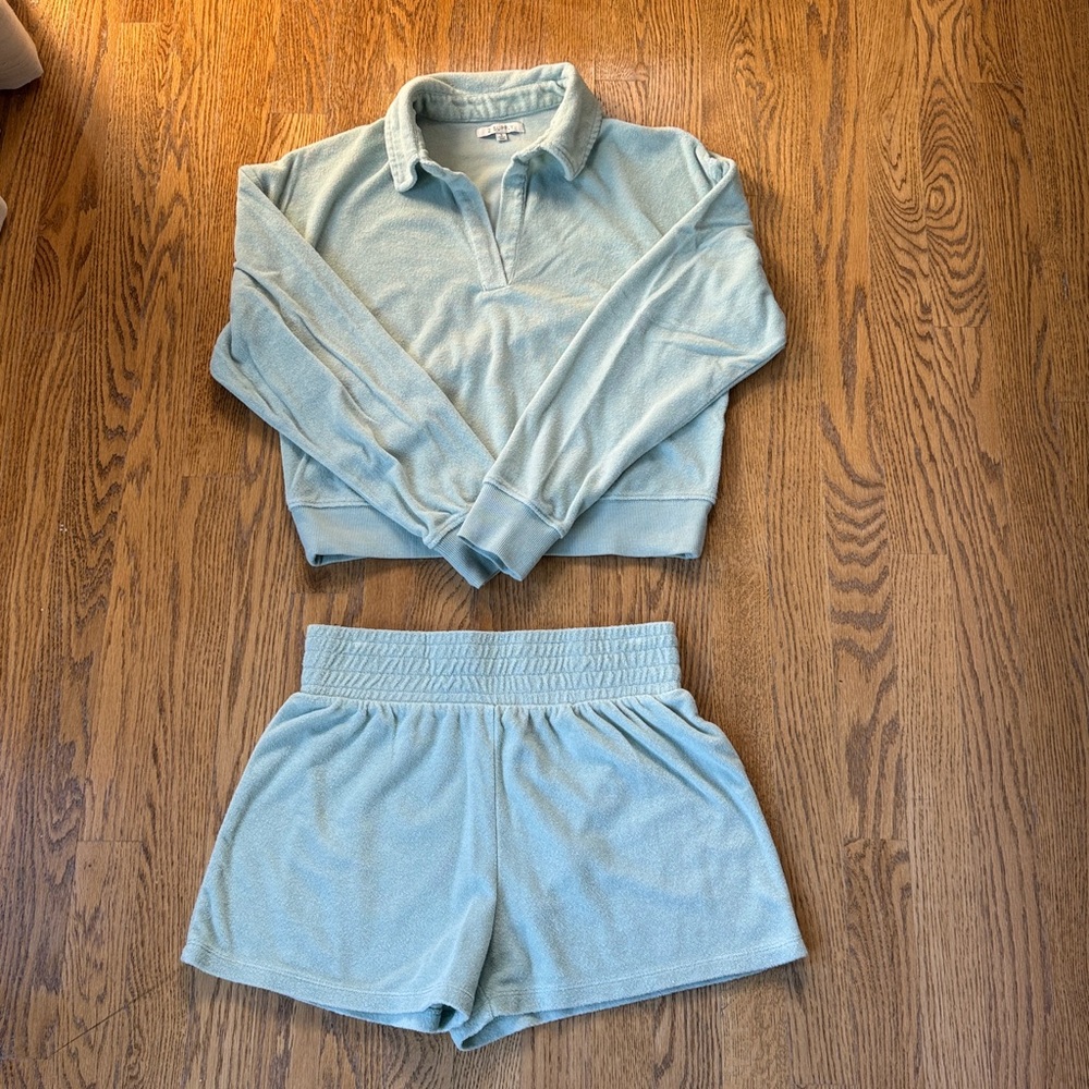 Z Supply Pale Green Terry Sweatshirt and Shorts Set